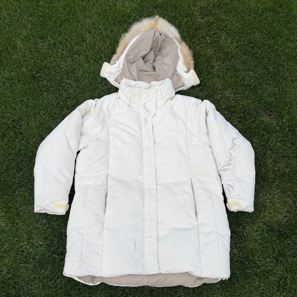 Cabelas Goose Down Parka Coat 2XL White Coyote Fur Hood 550 Fill gently used B-